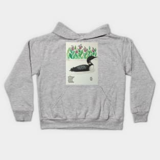 Minnesota state bird & flower, the loon and pink-and-white lady's slipper Kids Hoodie